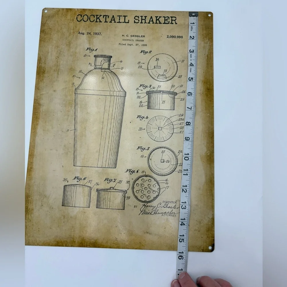 Vintage-Style Cocktail Shaker Patent Metal Sign